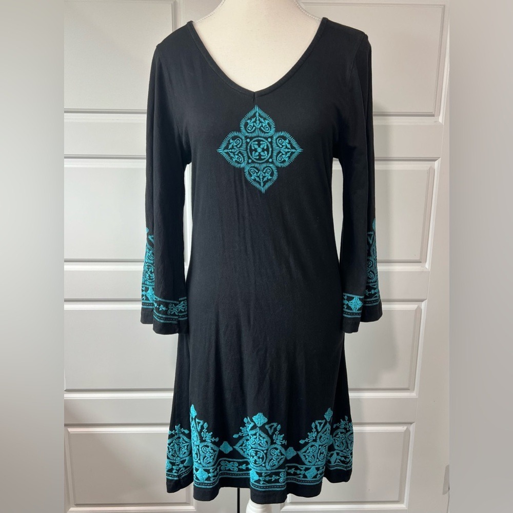 Pink Cattlelac Black and Teal Embroidered Mini Dress‎